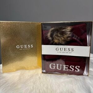 NEW Guess Maroon Scarf and Hat Set with Faux Fur